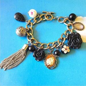Vintage Chunky Charm Bracelet Status Chain cameo tassle cloisonné